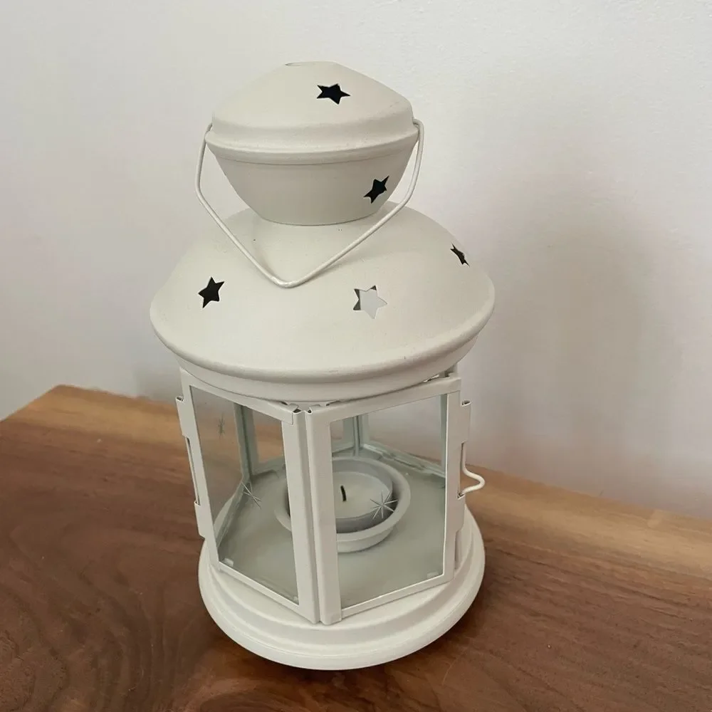 IKEA Rotera Tea Light Candle Holder Lantern Metal & Glass Hanging White